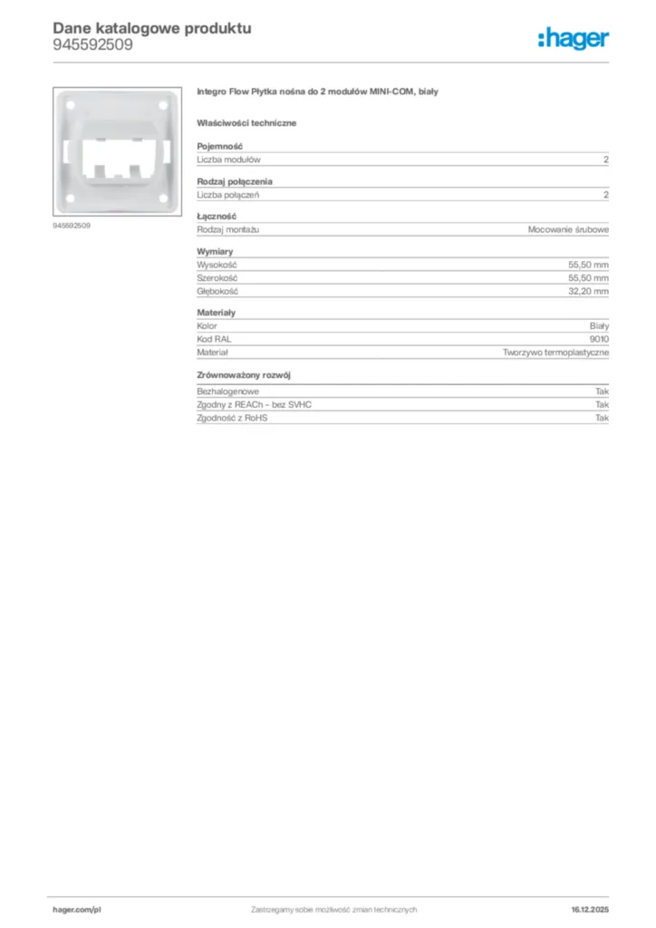 Zdjęcie Hager Karta katalogowa 945592509 | Hager Polska