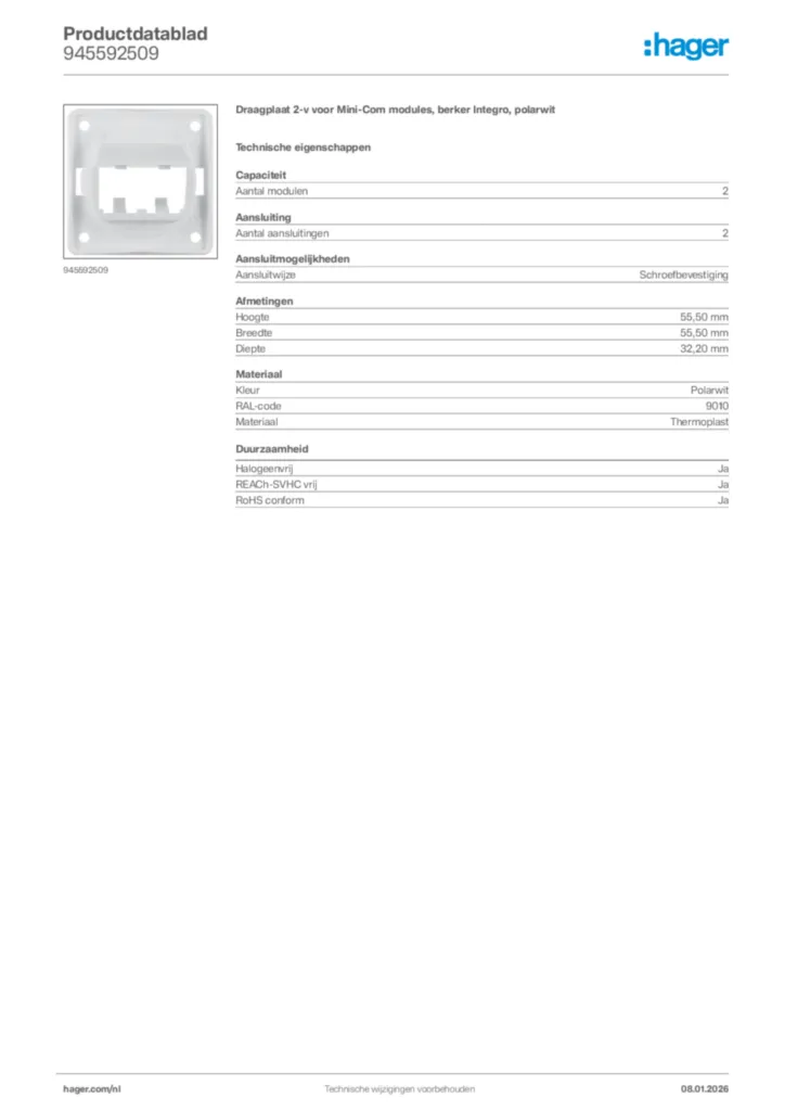 Afbeelding Hager Productdatablad 945592509 | Hager Nederland