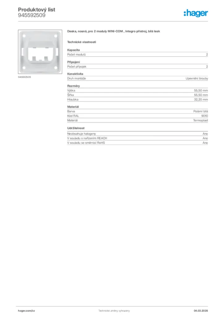 Obrázek Hager Product data sheet 945592509 | Hager