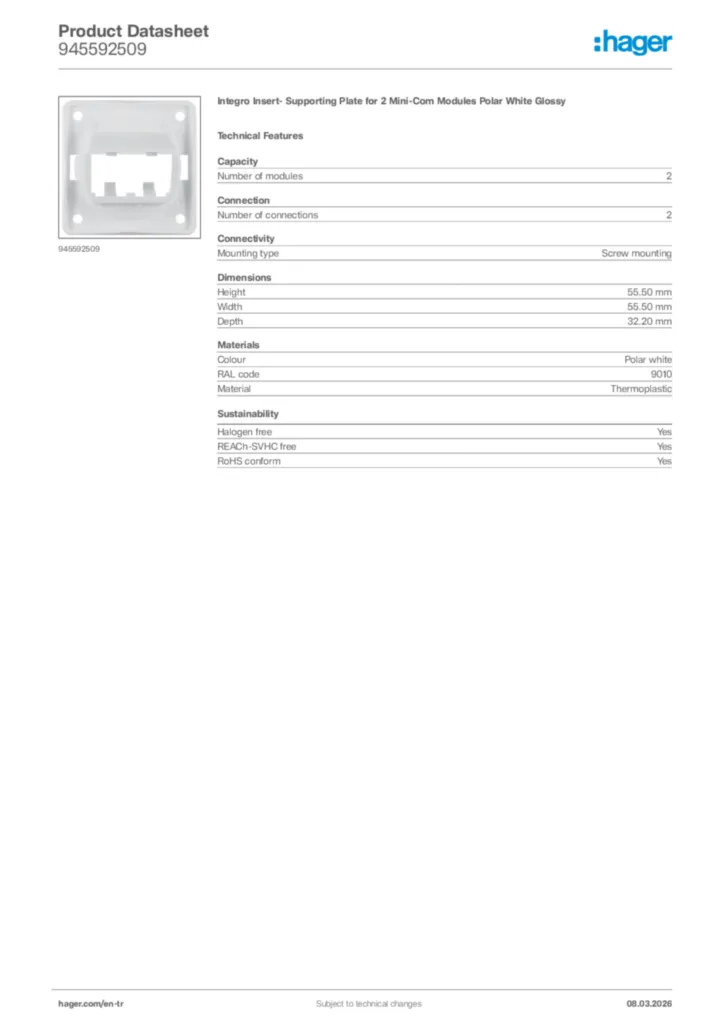 Image Hager Product data sheet 945592509  | Hager