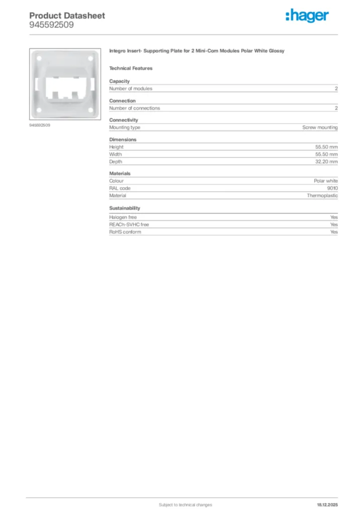 Image Hager Product data sheet 945592509  | Hager