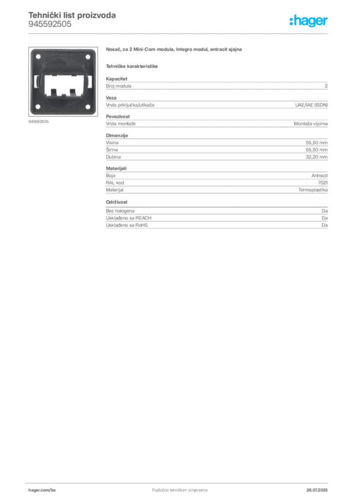 Slika Hager Product data sheet 945592505  | Hager
