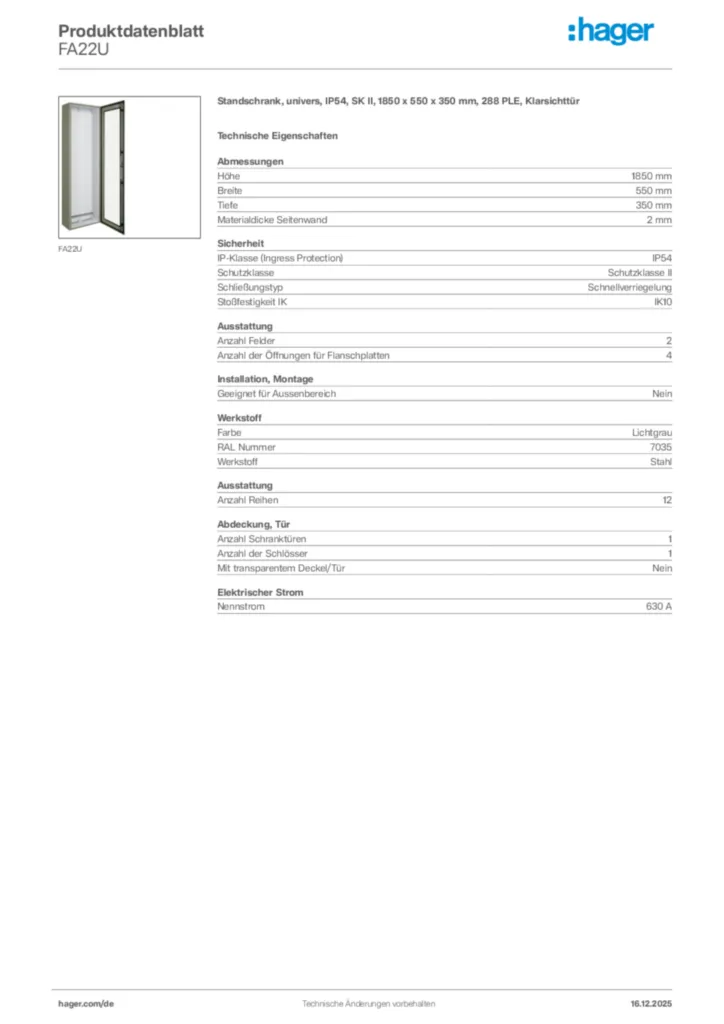 Bild Hager Produktdatenblatt FA22U | Hager Deutschland