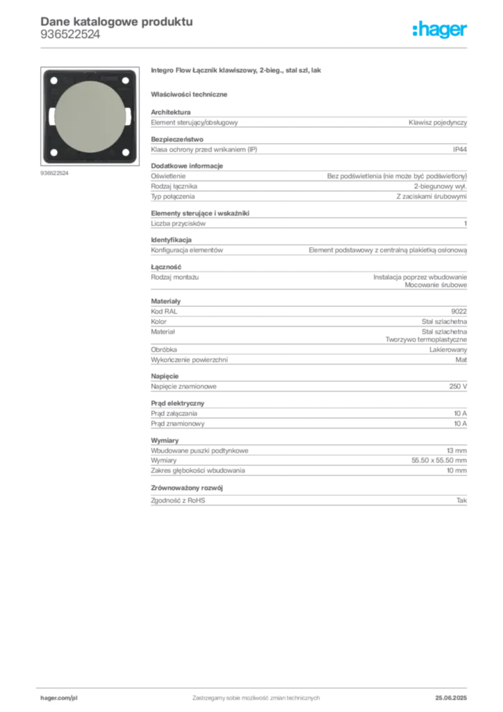 Zdjęcie Hager Karta katalogowa 936522524 | Hager Polska