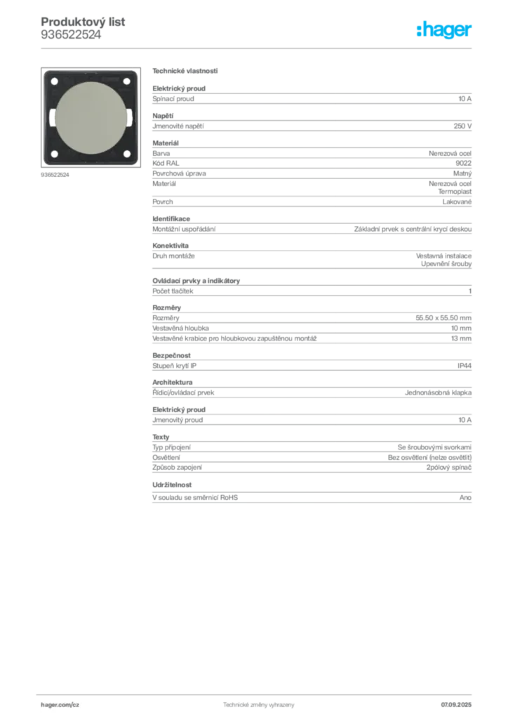 Obrázek Hager Produktový list 936522524 | Hager