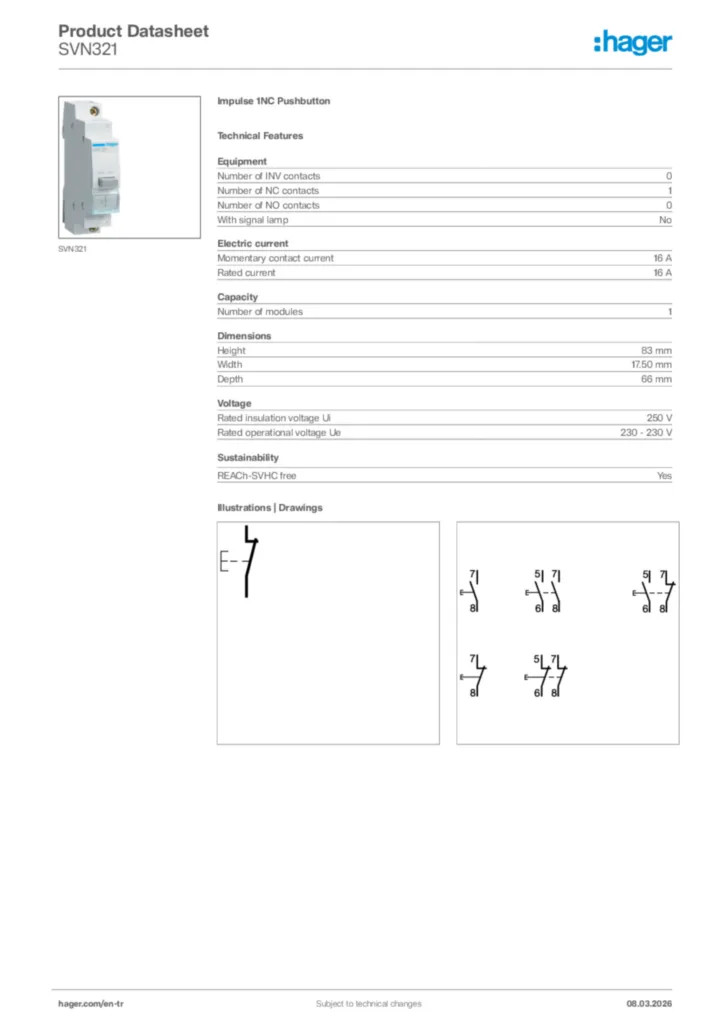 Image Hager Product data sheet SVN321  | Hager
