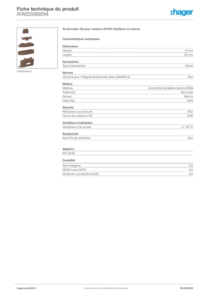 Image Hager Fiche technique du produit ATA122088014 | Hager Afrique