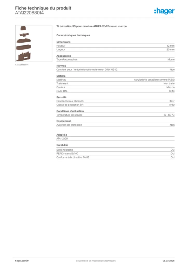 Image Hager Fiche technique du produit ATA122088014 | Hager France