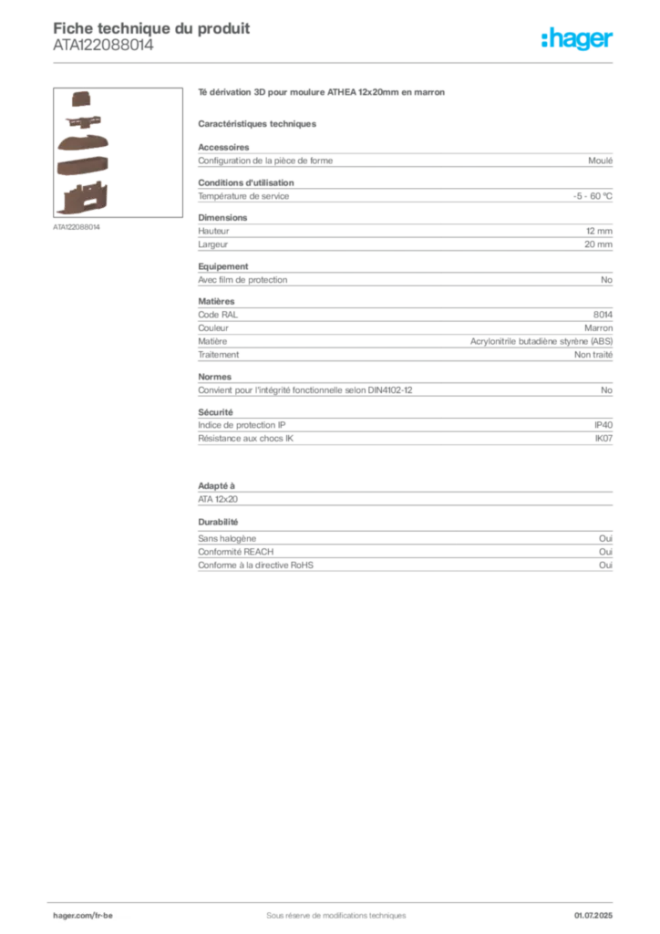 Image Hager Fiche technique du produit ATA122088014 | Hager Belgique
