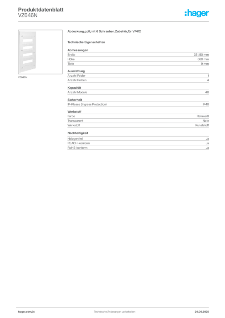 Bild Hager Produktdatenblatt VZ646N | Hager Deutschland