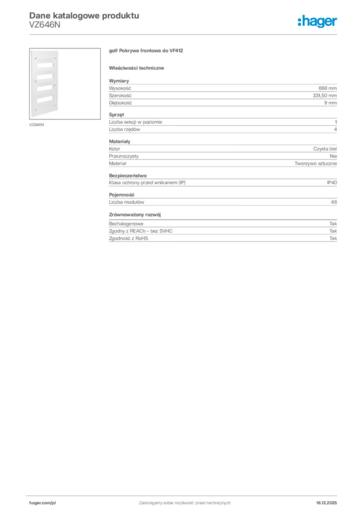 Zdjęcie Hager Karta katalogowa VZ646N | Hager Polska