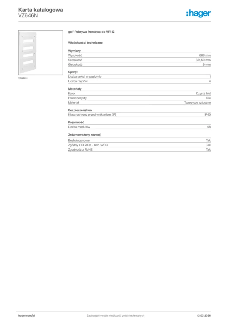 Zdjęcie Hager Karta katalogowa VZ646N | Hager Polska
