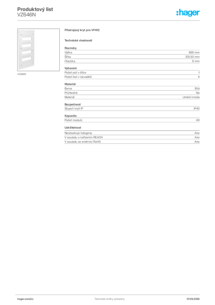 Obrázek Hager Produktový list VZ646N | Hager
