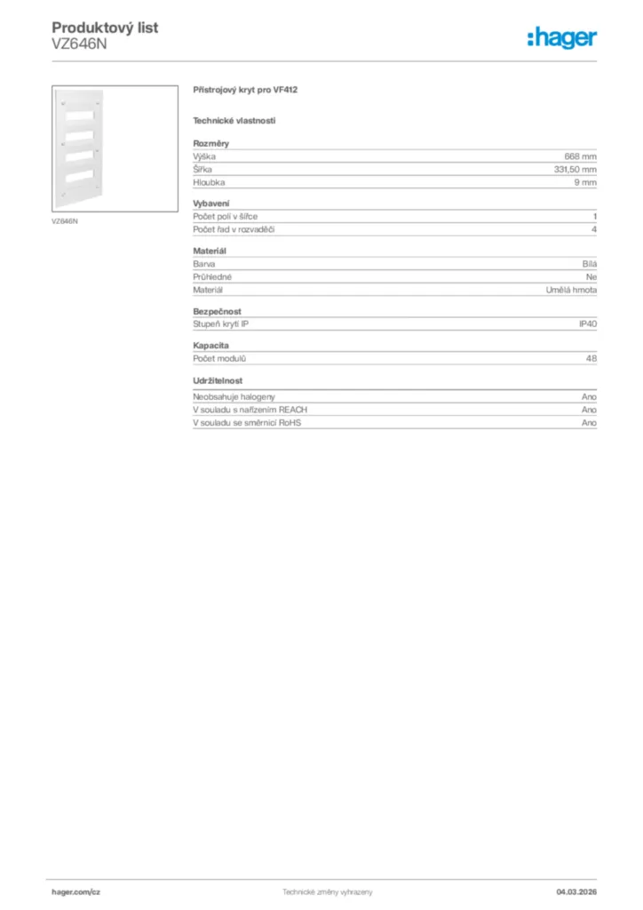 Obrázek Hager Product data sheet VZ646N | Hager