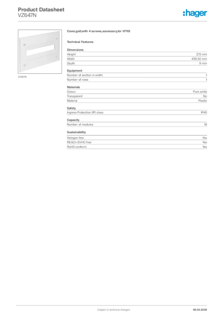 Image Hager Product data sheet VZ647N  | Hager Africa