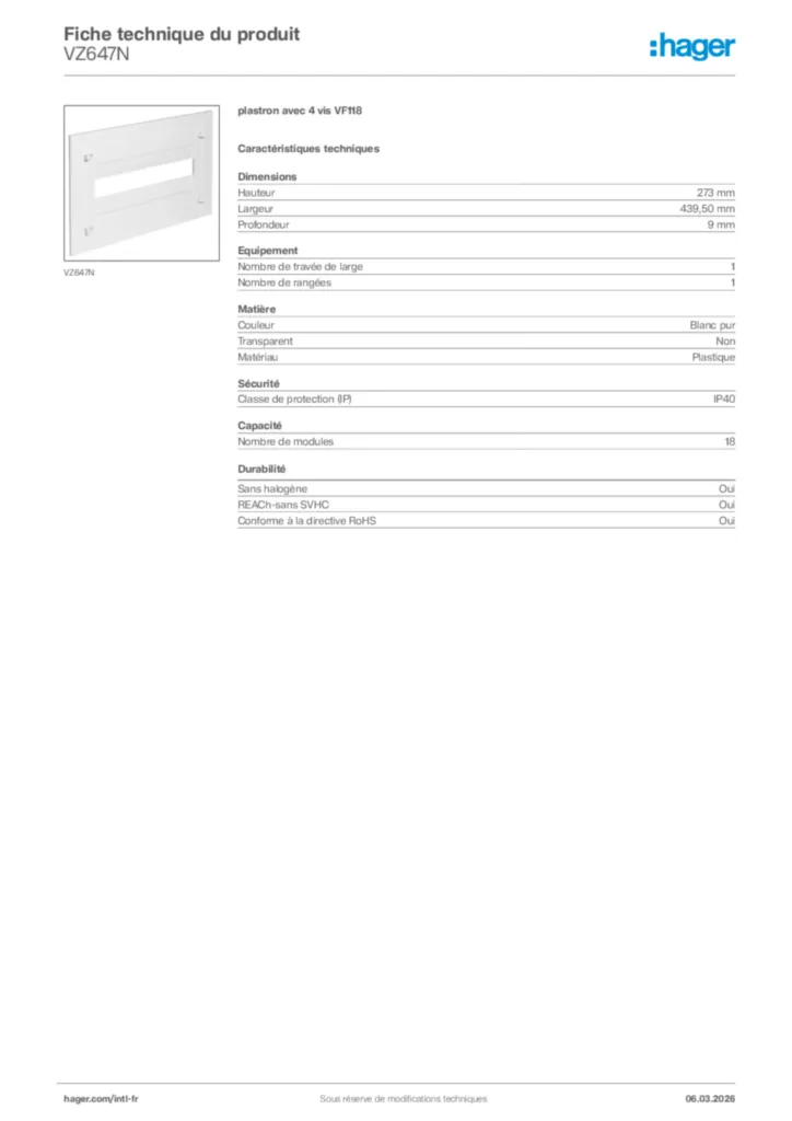 Image Hager Fiche technique du produit VZ647N | Hager Afrique