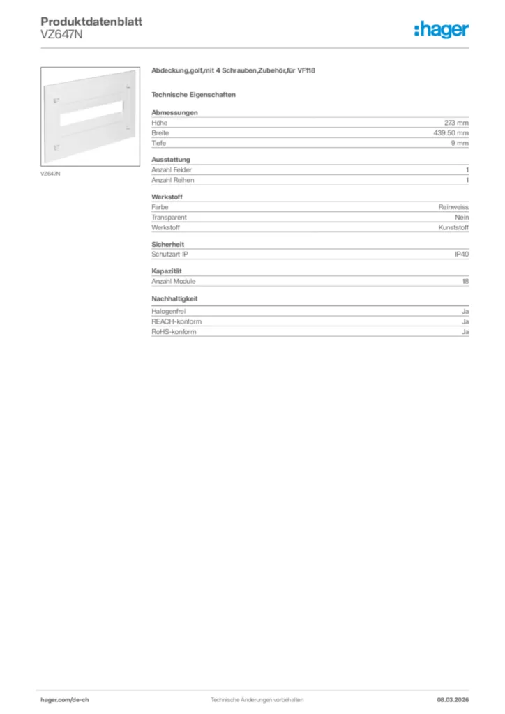 Bild Hager Produktdatenblatt VZ647N | Hager Schweiz