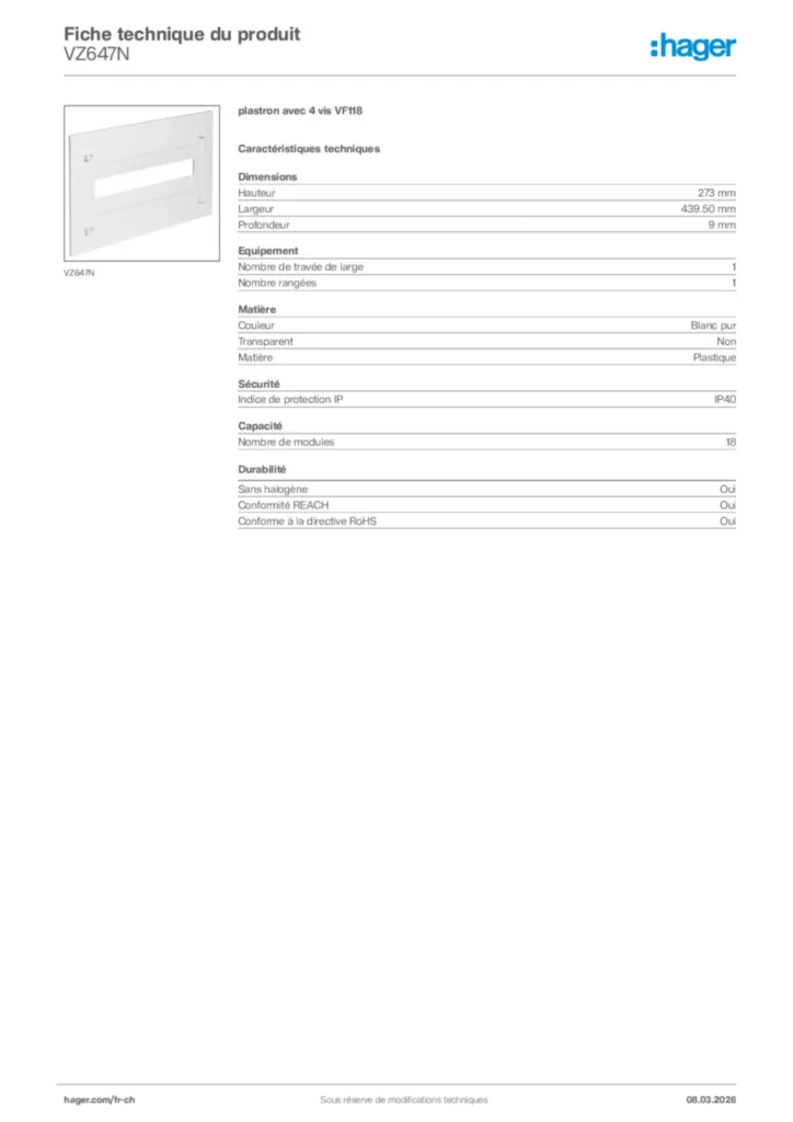 Image Hager Fiche technique du produit VZ647N | Hager Suisse