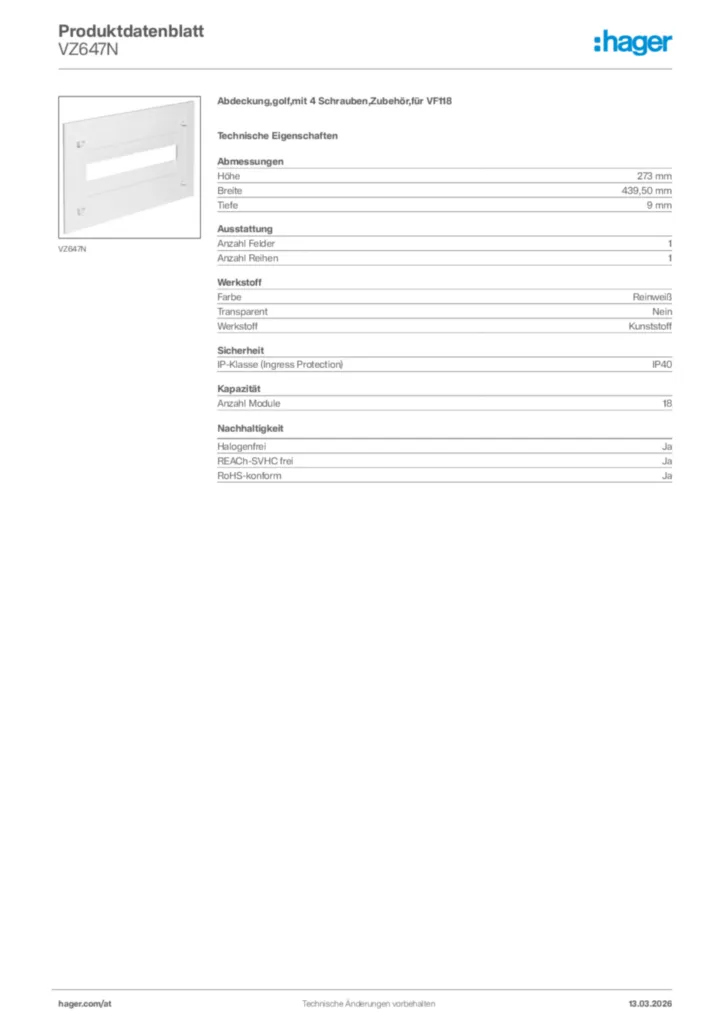Bild Hager Produktdatenblatt VZ647N | Hager Deutschland