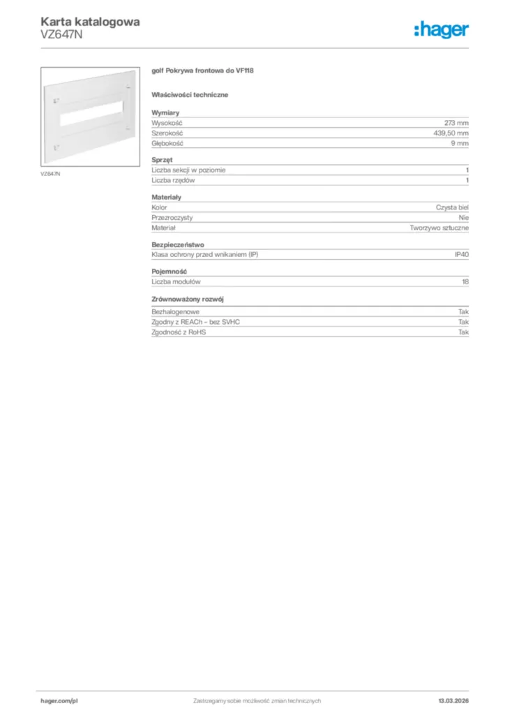 Zdjęcie Hager Karta katalogowa VZ647N | Hager Polska