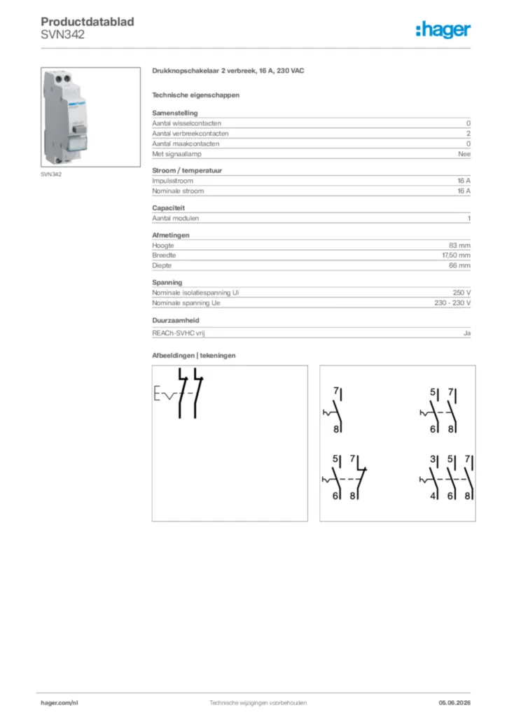 Afbeelding Hager Productdatablad SVN342 | Hager Nederland