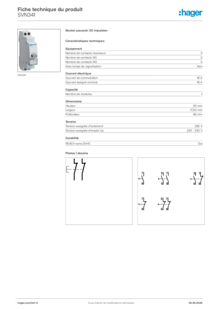 Image Hager Fiche technique du produit SVN341 | Hager Afrique