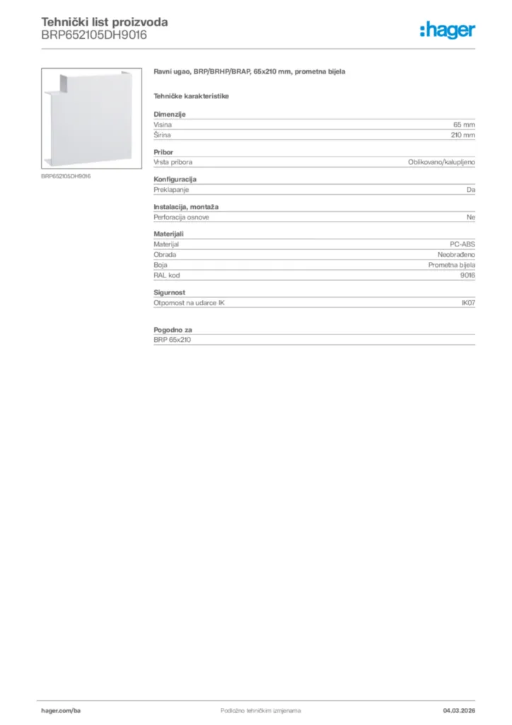 Slika Hager Tehnički list proizvoda BRP652105DH9016  | Hager