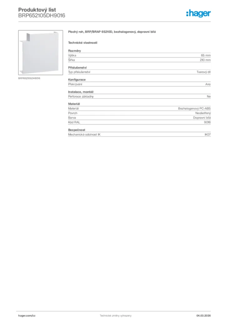 Obrázek Hager Product data sheet BRP652105DH9016 | Hager