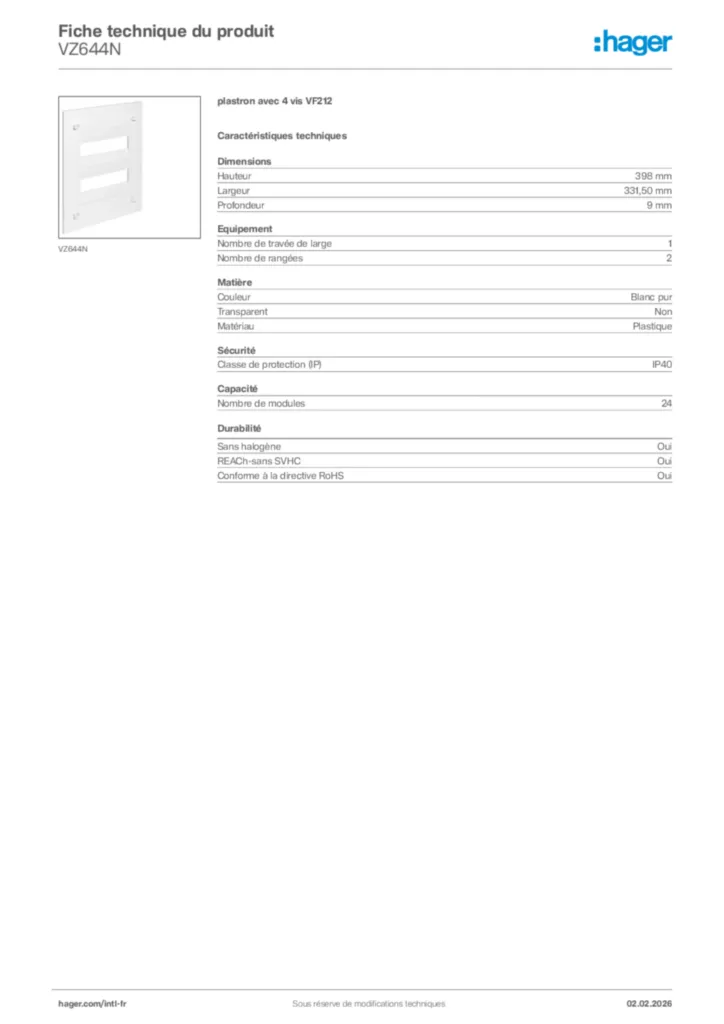Image Hager Fiche technique du produit VZ644N | Hager Afrique