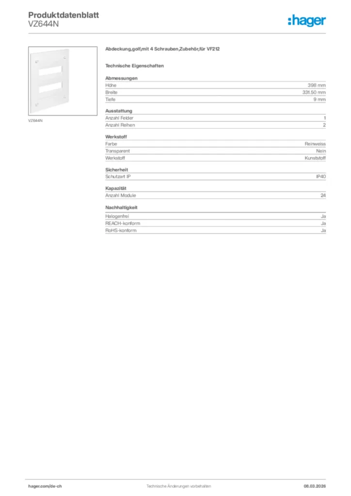 Bild Hager Produktdatenblatt VZ644N | Hager Schweiz
