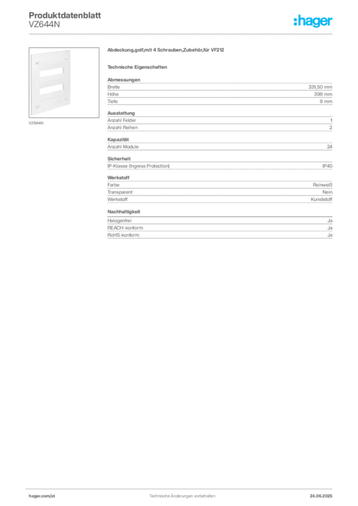 Bild Hager Produktdatenblatt VZ644N | Hager Deutschland