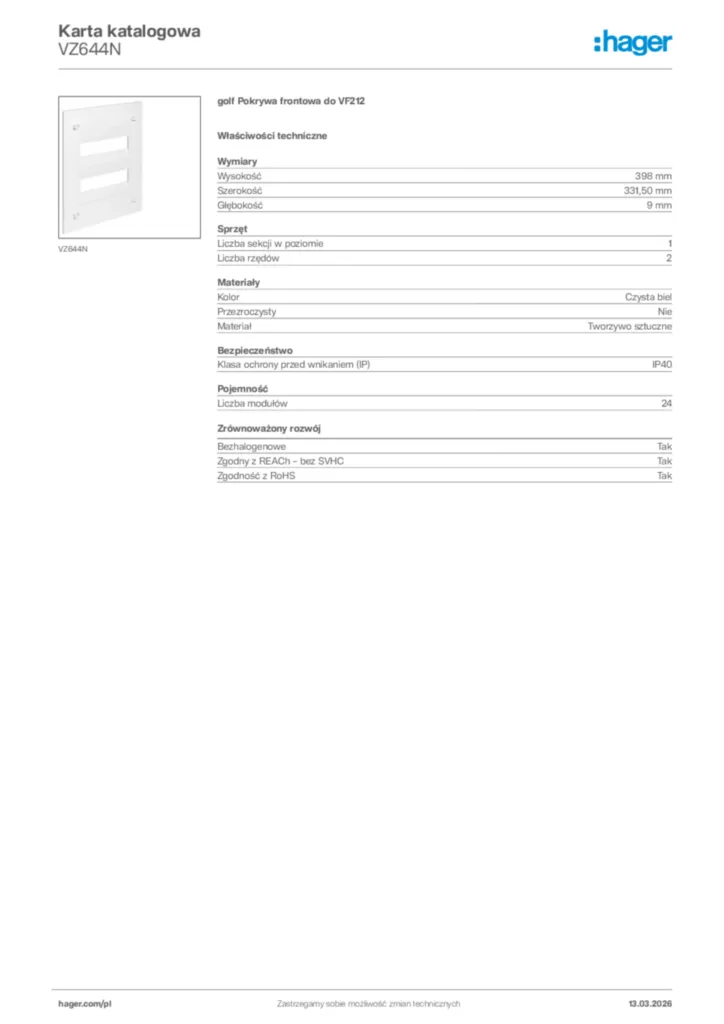 Zdjęcie Hager Karta katalogowa VZ644N | Hager Polska