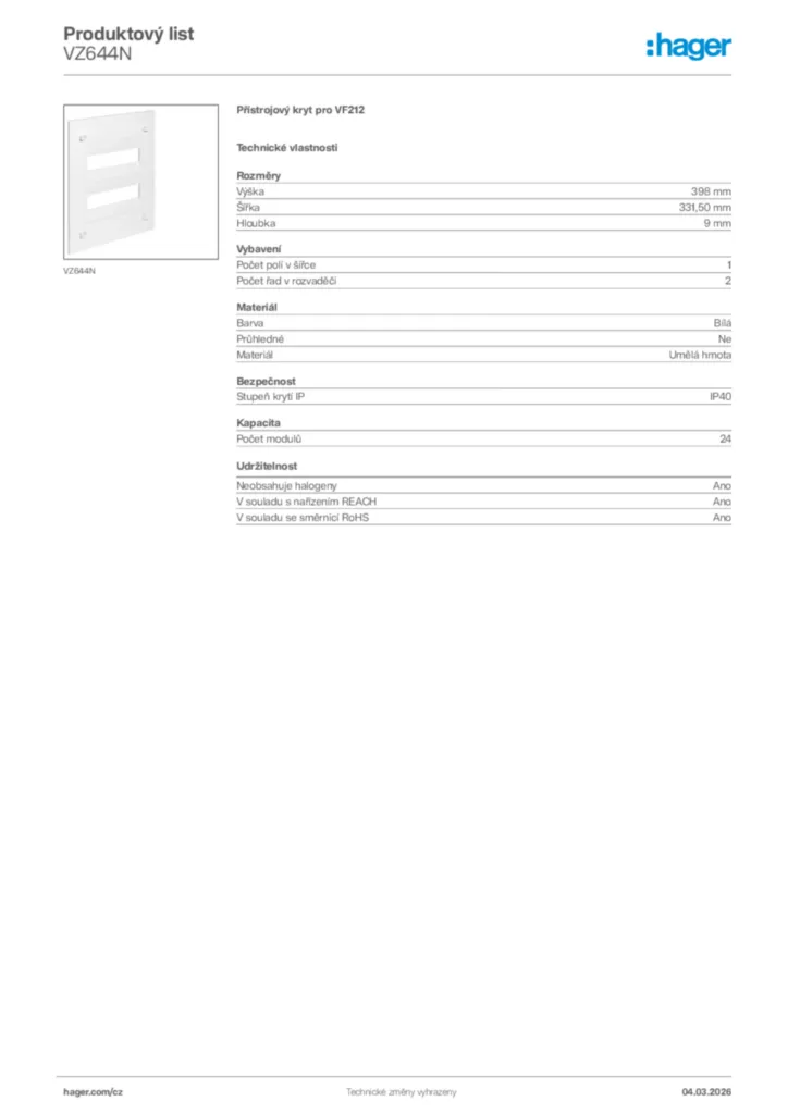 Obrázek Hager Product data sheet VZ644N | Hager