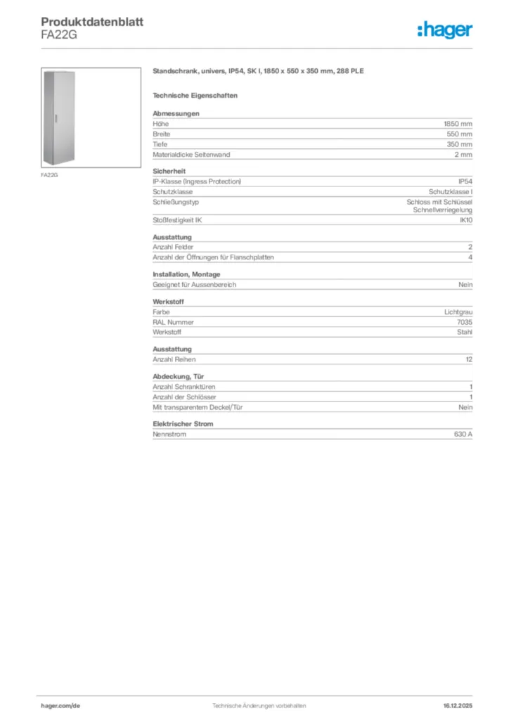 Bild Hager Produktdatenblatt FA22G | Hager Deutschland