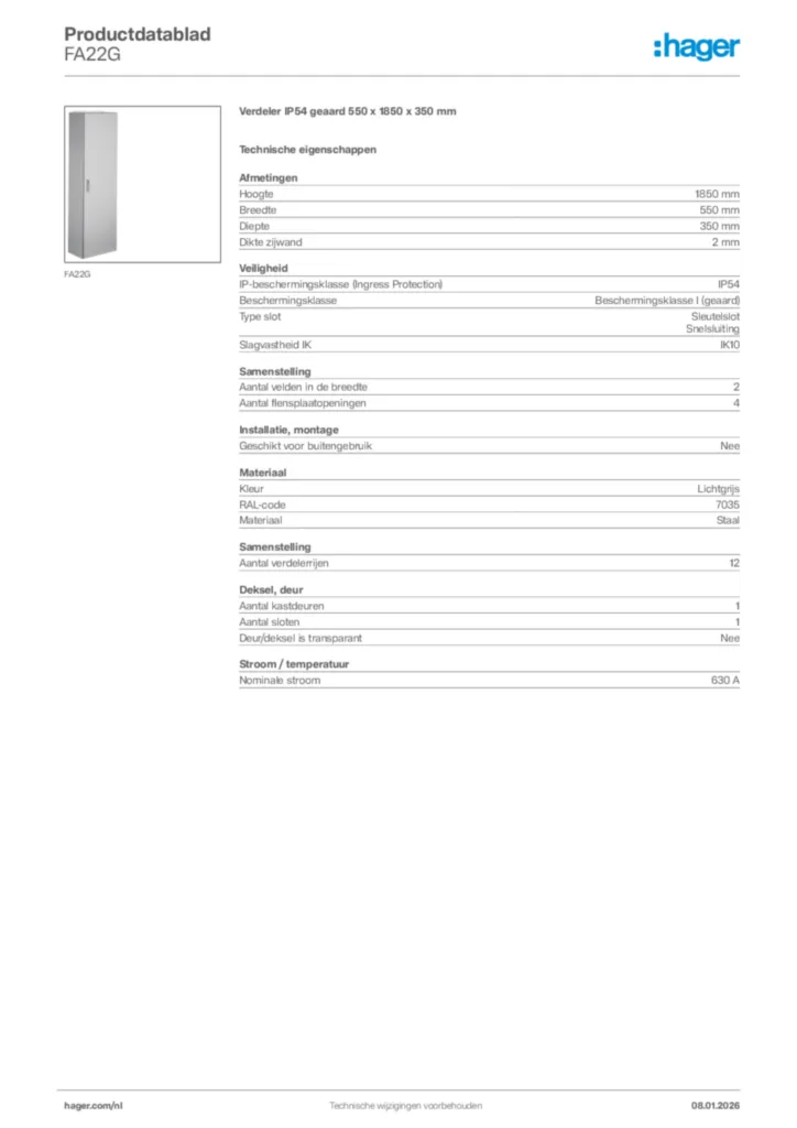 Afbeelding Hager Productdatablad FA22G | Hager Nederland