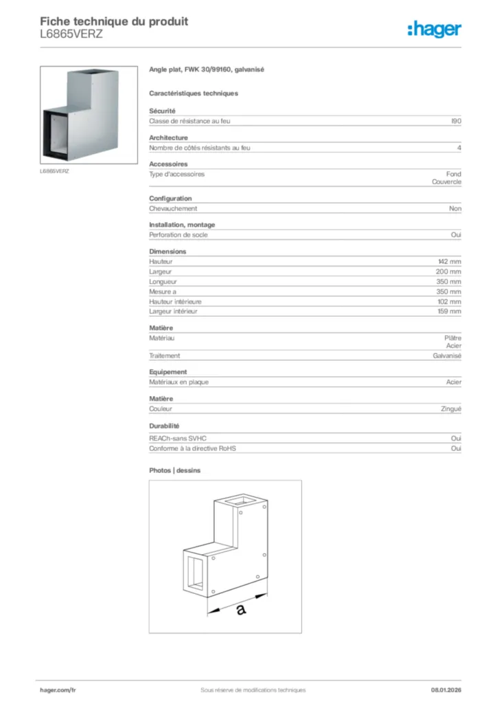Image Hager Fiche technique du produit L6865VERZ | Hager France