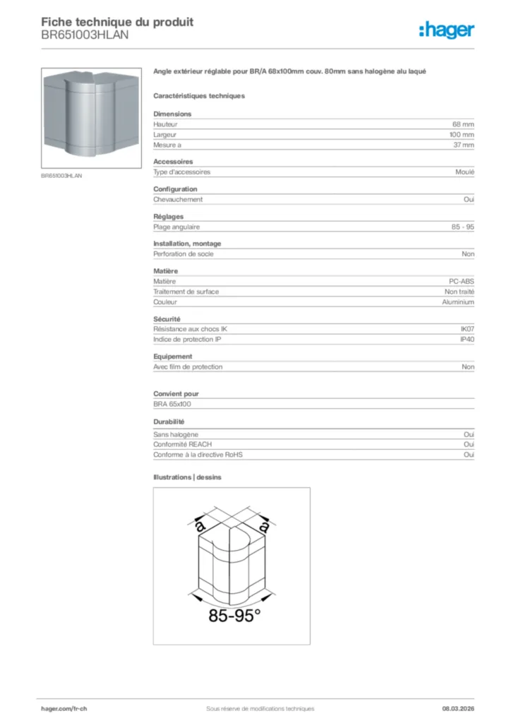 Image Hager Fiche technique du produit BR651003HLAN | Hager Suisse