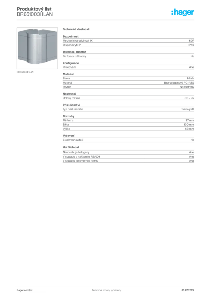 Obrázek Hager Produktový list BR651003HLAN | Hager