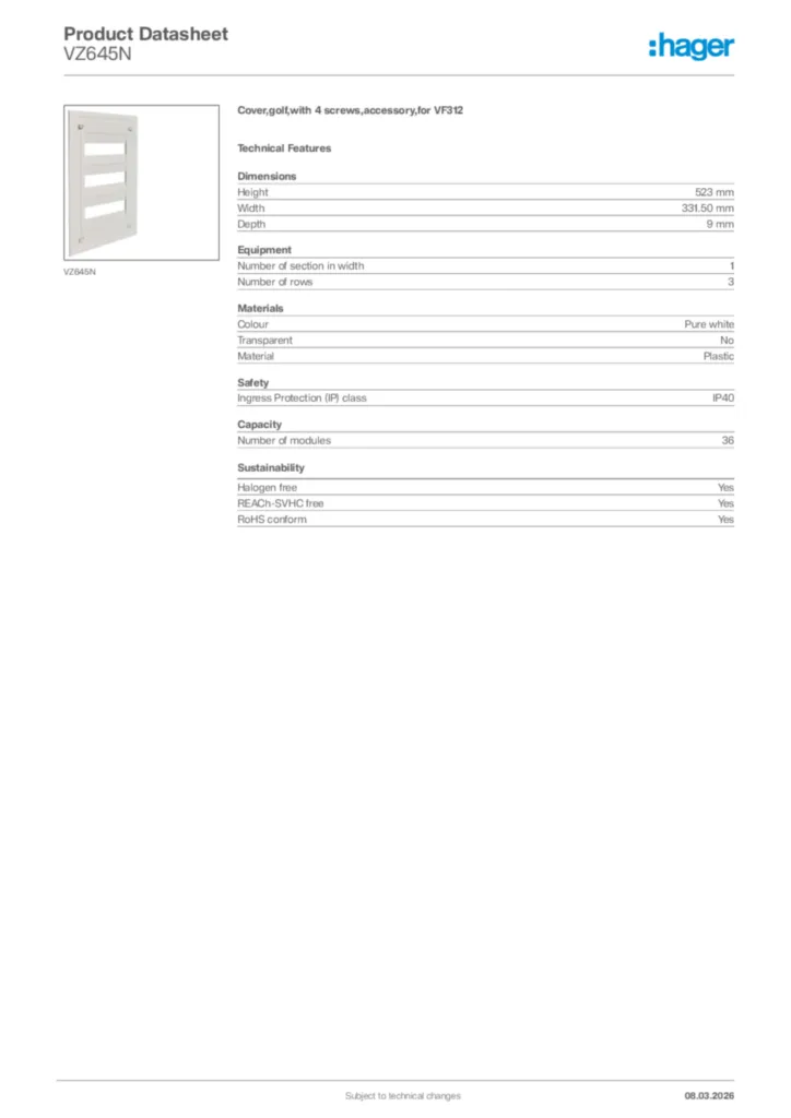 Image Hager Product data sheet VZ645N  | Hager Africa