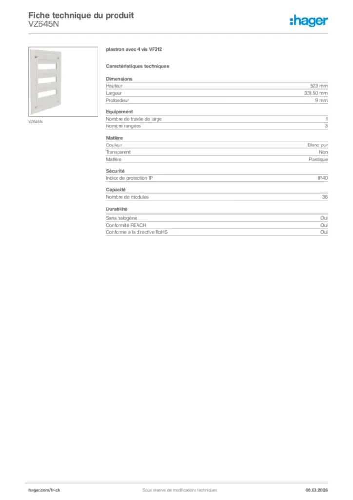 Image Hager Fiche technique du produit VZ645N | Hager Suisse