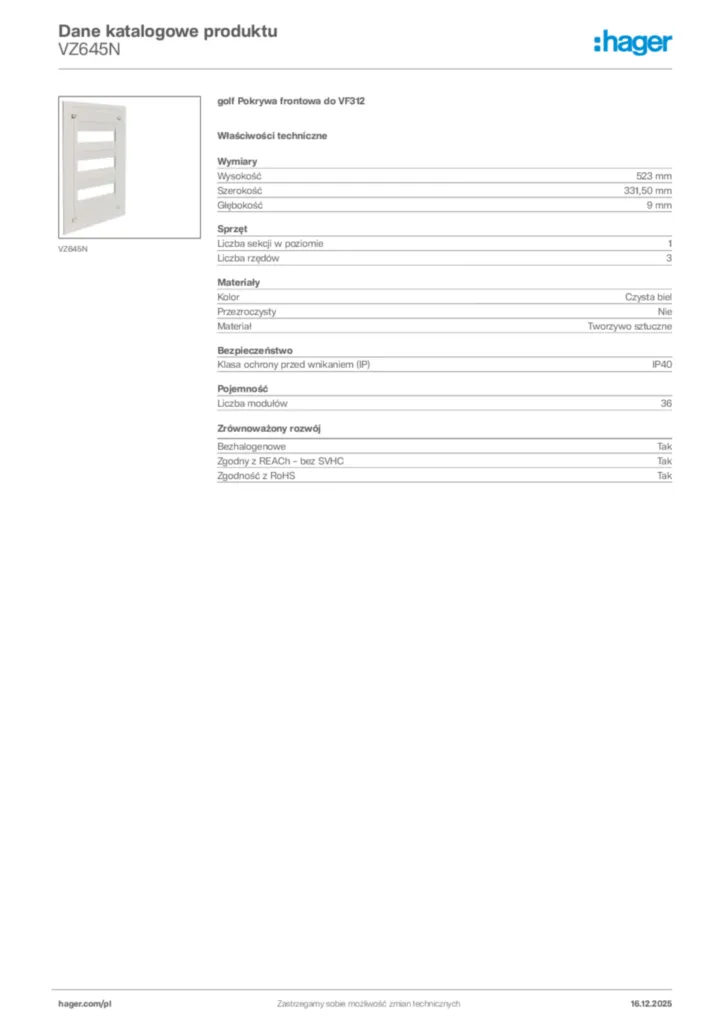 Zdjęcie Hager Karta katalogowa VZ645N | Hager Polska