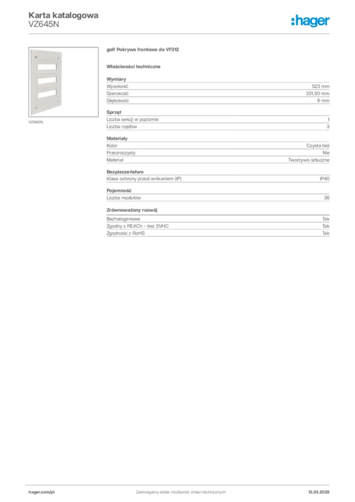 Zdjęcie Hager Karta katalogowa VZ645N | Hager Polska