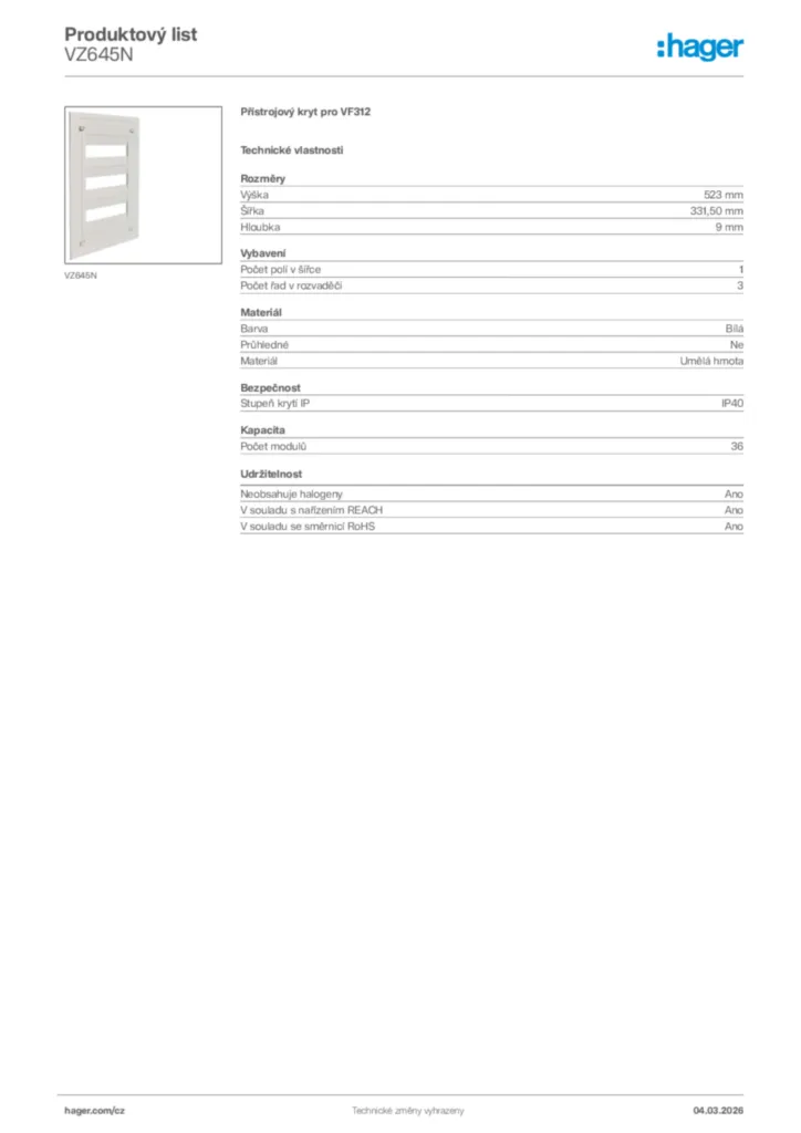 Obrázek Hager Product data sheet VZ645N | Hager