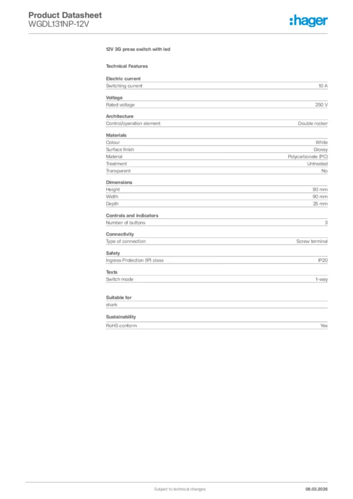 Image Hager Product data sheet WGDL131NP-12V  | Hager Africa