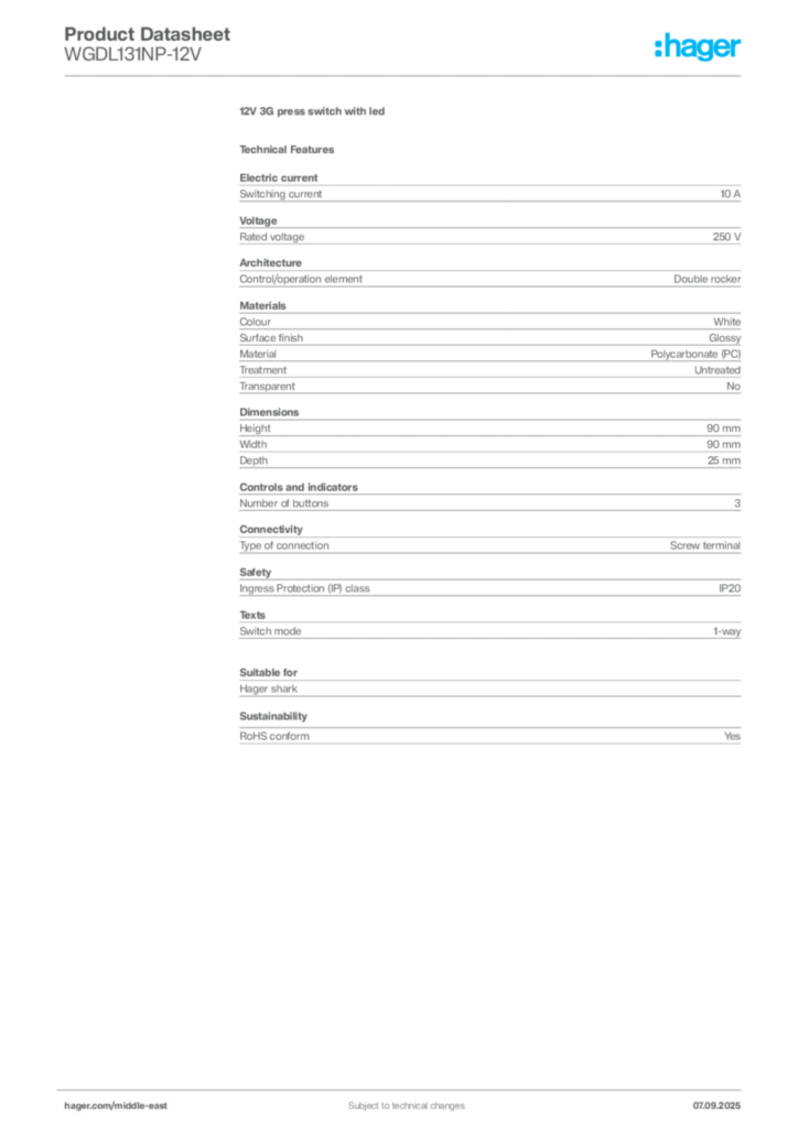 Image Hager Product data sheet WGDL131NP-12V  | Hager