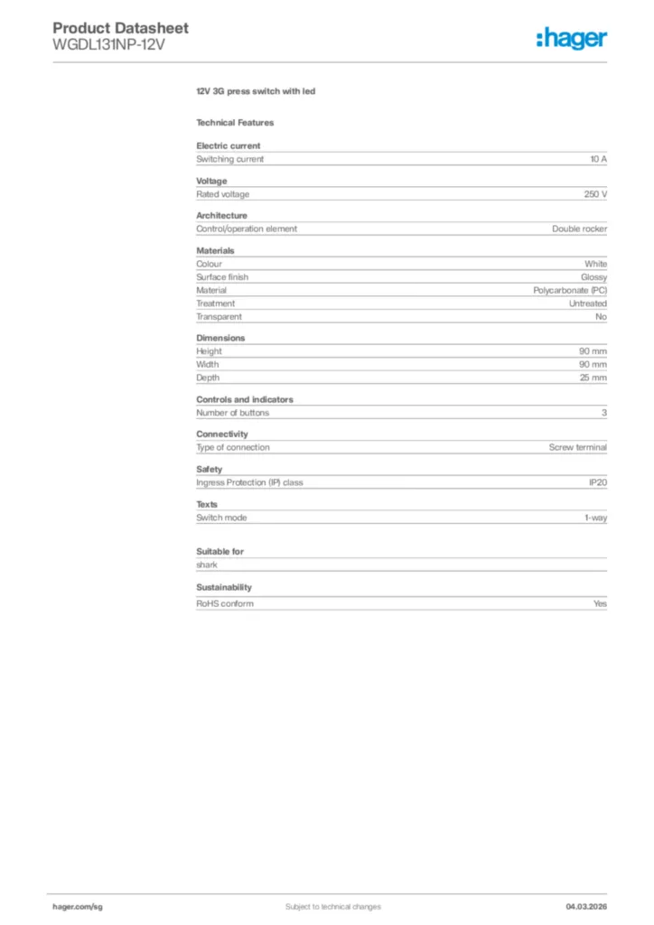 Image Hager Product data sheet WGDL131NP-12V  | Hager