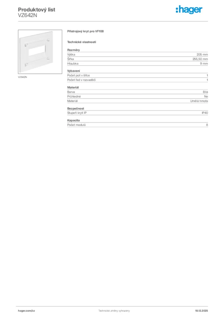 Obrázek Hager Produktový list VZ642N | Hager