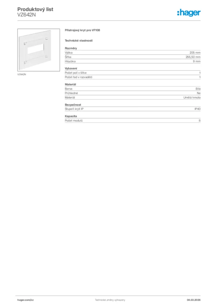 Obrázek Hager Product data sheet VZ642N | Hager