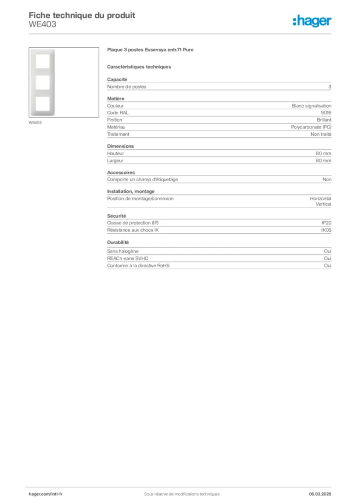 Image Hager Fiche technique du produit WE403 | Hager Afrique