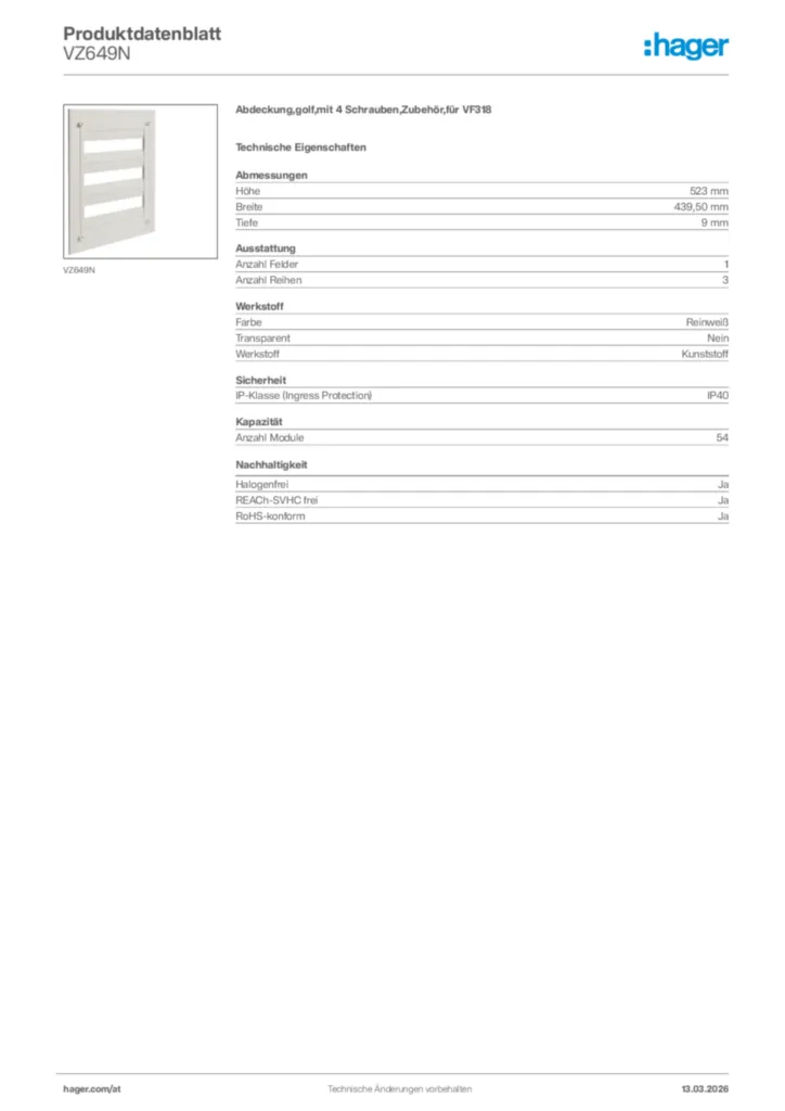 Bild Hager Produktdatenblatt VZ649N | Hager Deutschland